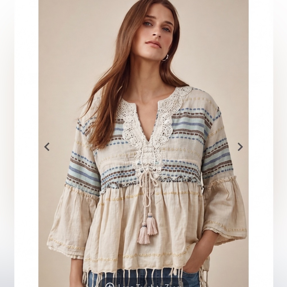 VTG Boho Cream Embroidered Stripes peasant Tassel Tie fringe blouse festival